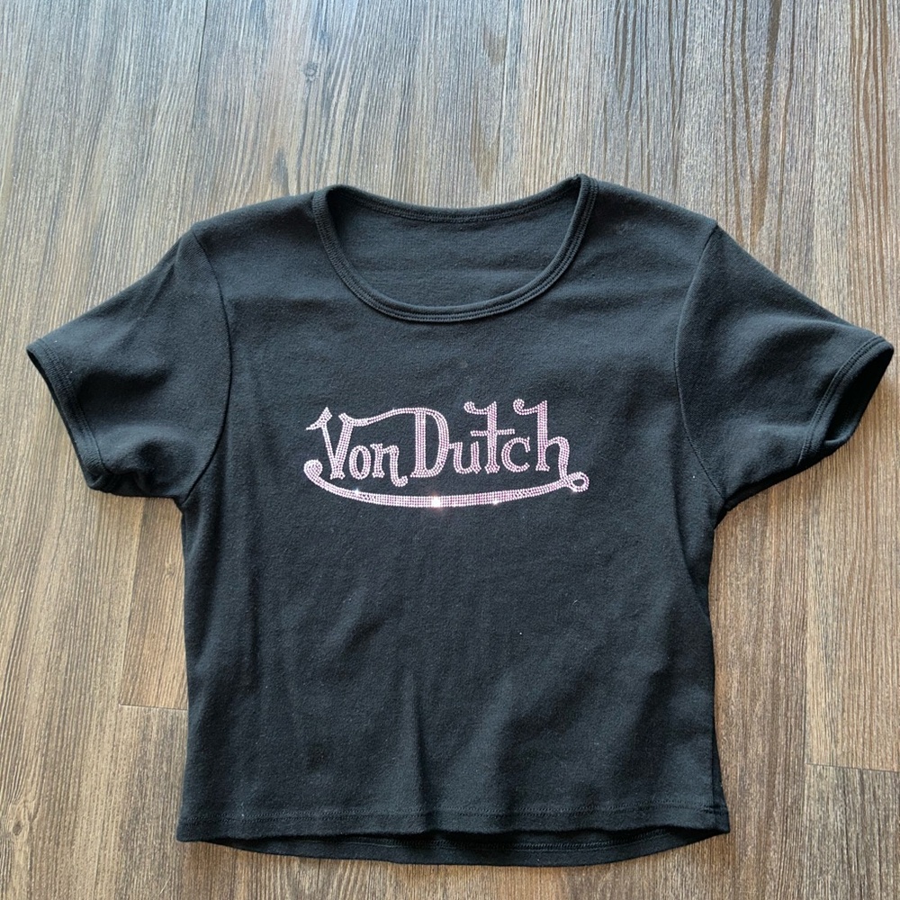 VON DUTCH WOMENS BLACK COTTON CRYSTAL RHINESTONE LOGO BABY TEE SHIRT SIZE LARGE